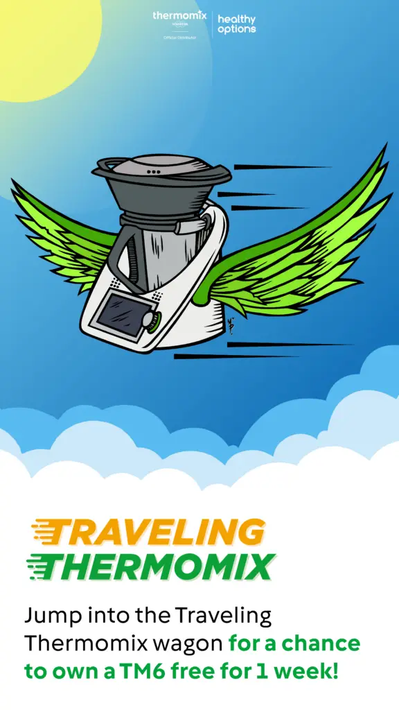 Travelling thermomix with wings in the sky graphic